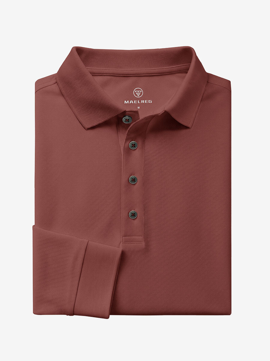 Men's Stretch Cotton Piqué Long Sleeve Polo Shirt – No-Curl Collar, Four-Button Placket, Quick-Dry