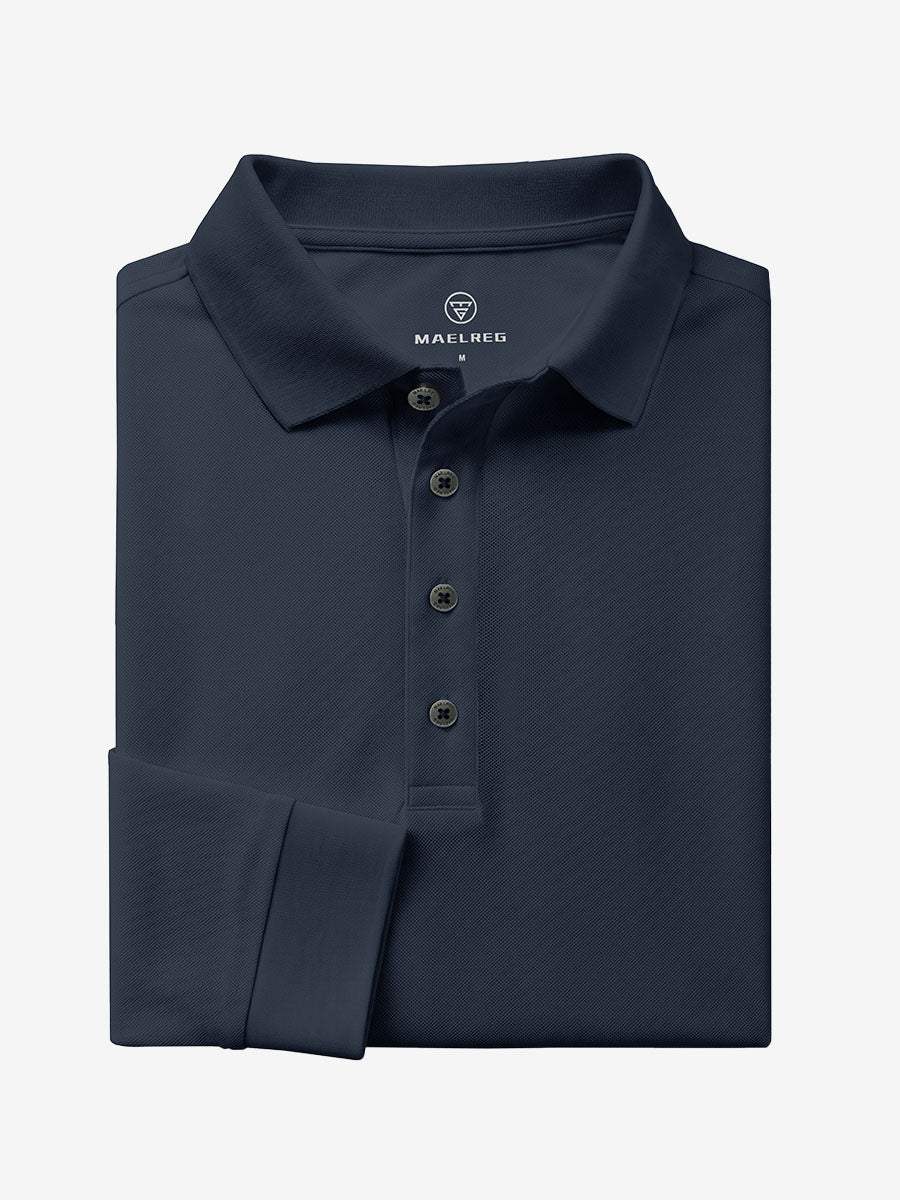 Men's Stretch Cotton Piqué Long Sleeve Polo Shirt – No-Curl Collar, Four-Button Placket, Quick-Dry