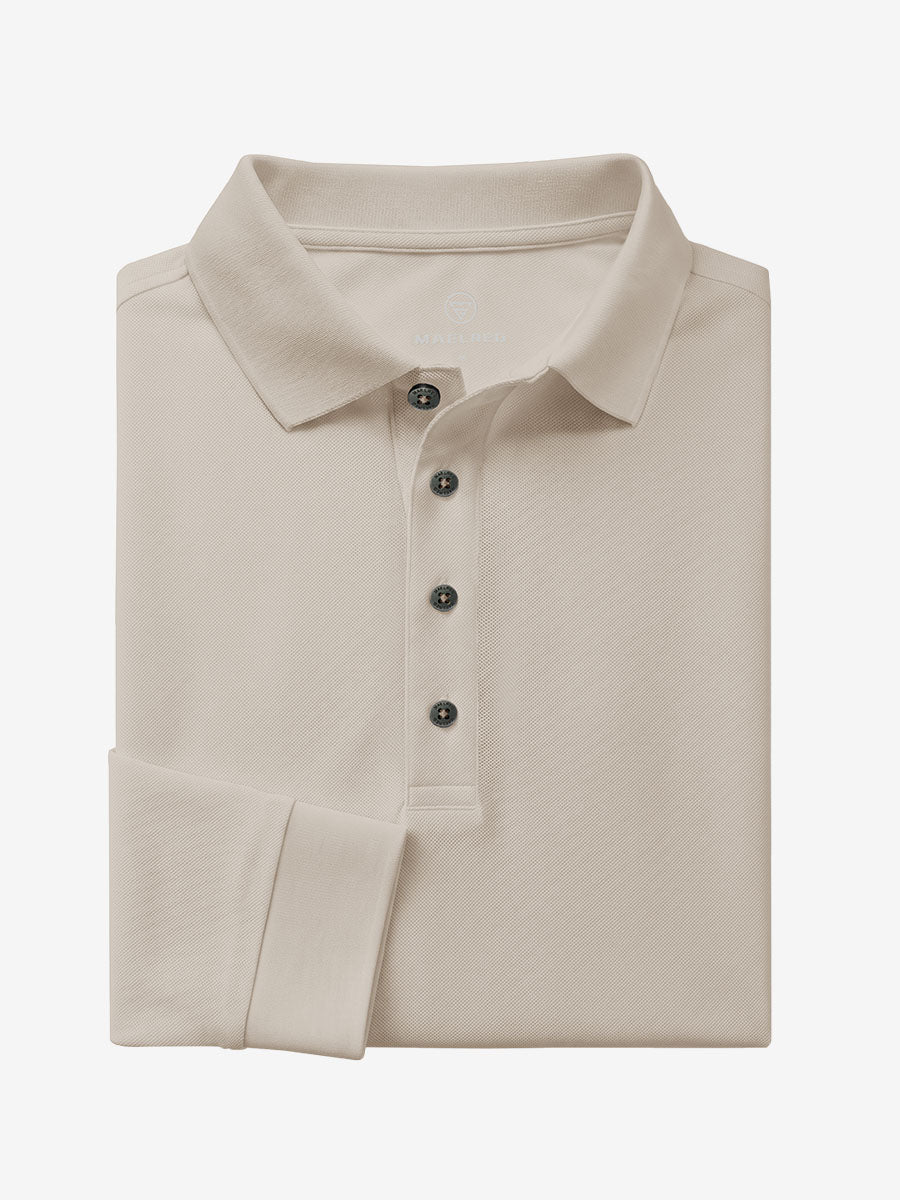 Men's Stretch Cotton Piqué Long Sleeve Polo Shirt – No-Curl Collar, Four-Button Placket, Quick-Dry