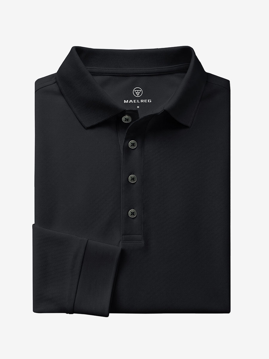Men's Stretch Cotton Piqué Long Sleeve Polo Shirt – No-Curl Collar, Four-Button Placket, Quick-Dry