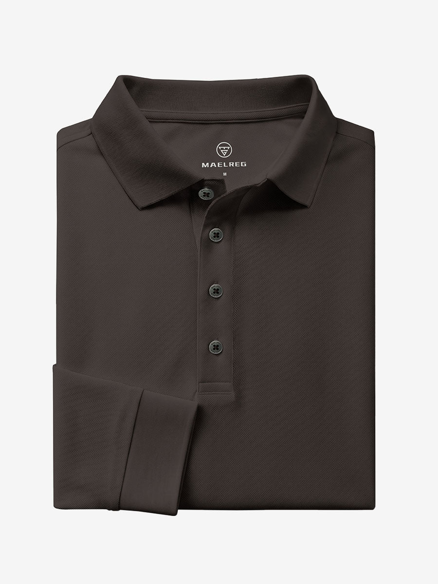 Men's Stretch Cotton Piqué Long Sleeve Polo Shirt – No-Curl Collar, Four-Button Placket, Quick-Dry