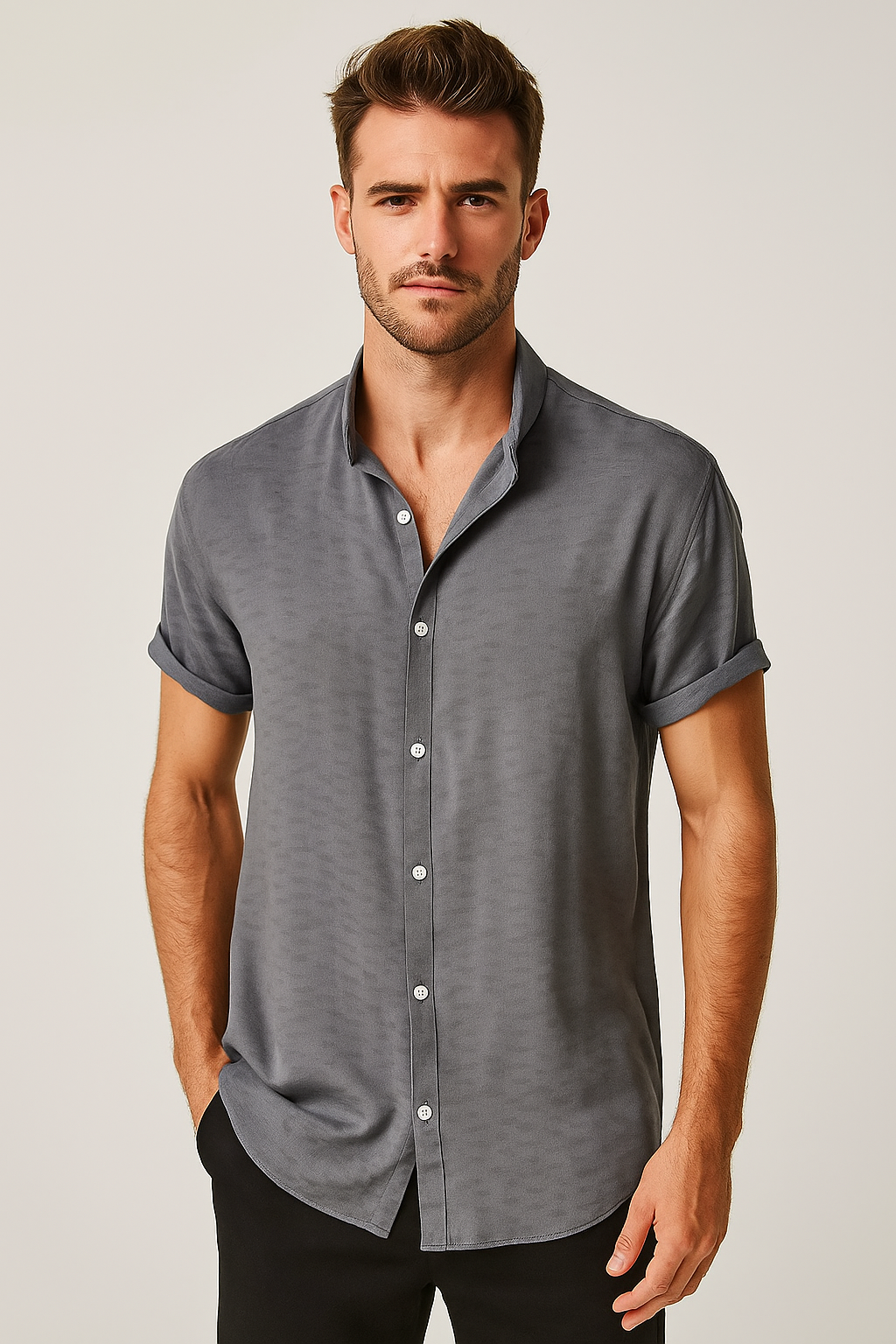Santo André Men's Band Collar Short Sleeve Shirt – view 1