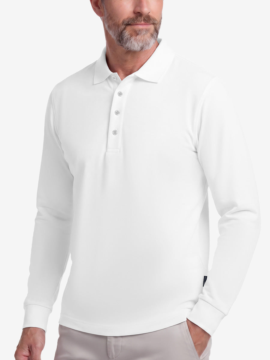 Men's Stretch Cotton Piqué Long Sleeve Polo Shirt – No-Curl Collar, Four-Button Placket, Quick-Dry