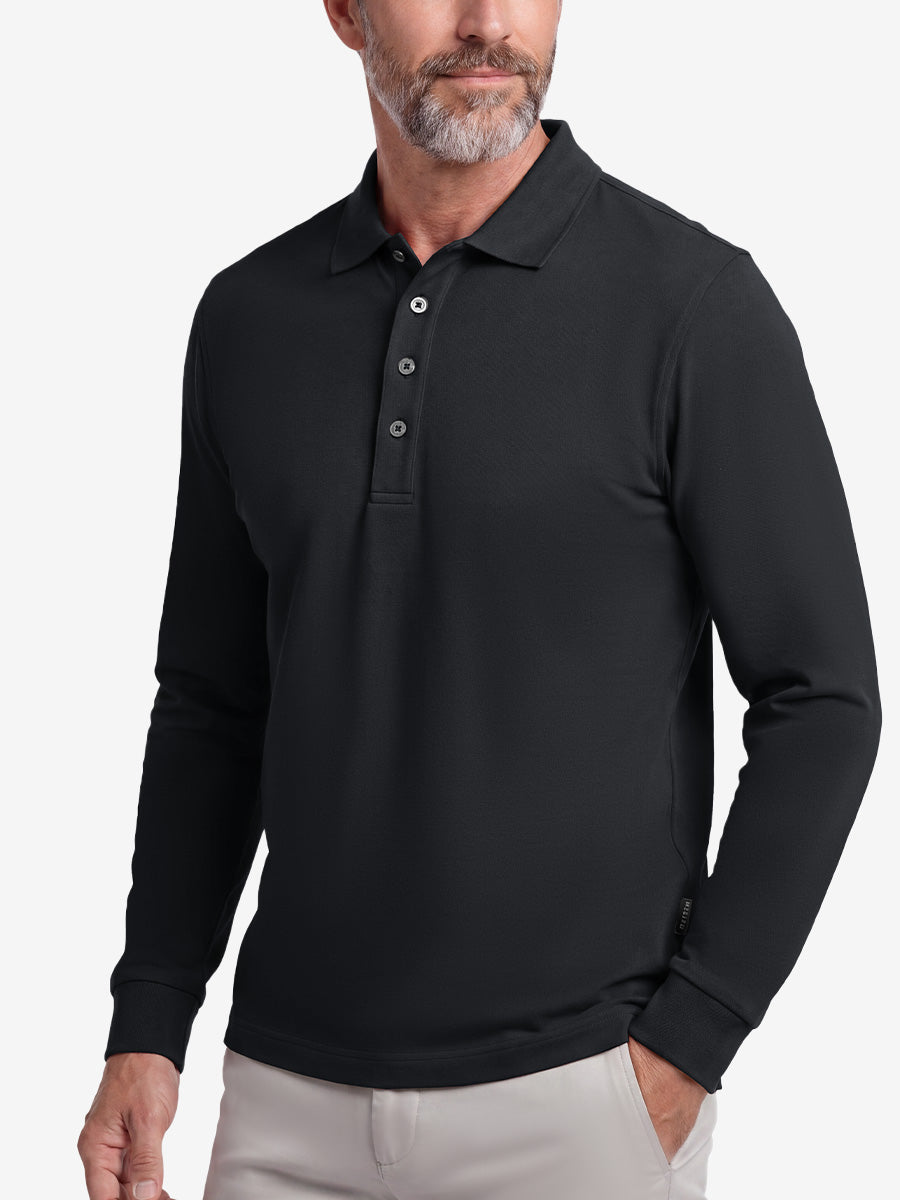 Men's Stretch Cotton Piqué Long Sleeve Polo Shirt – No-Curl Collar, Four-Button Placket, Quick-Dry
