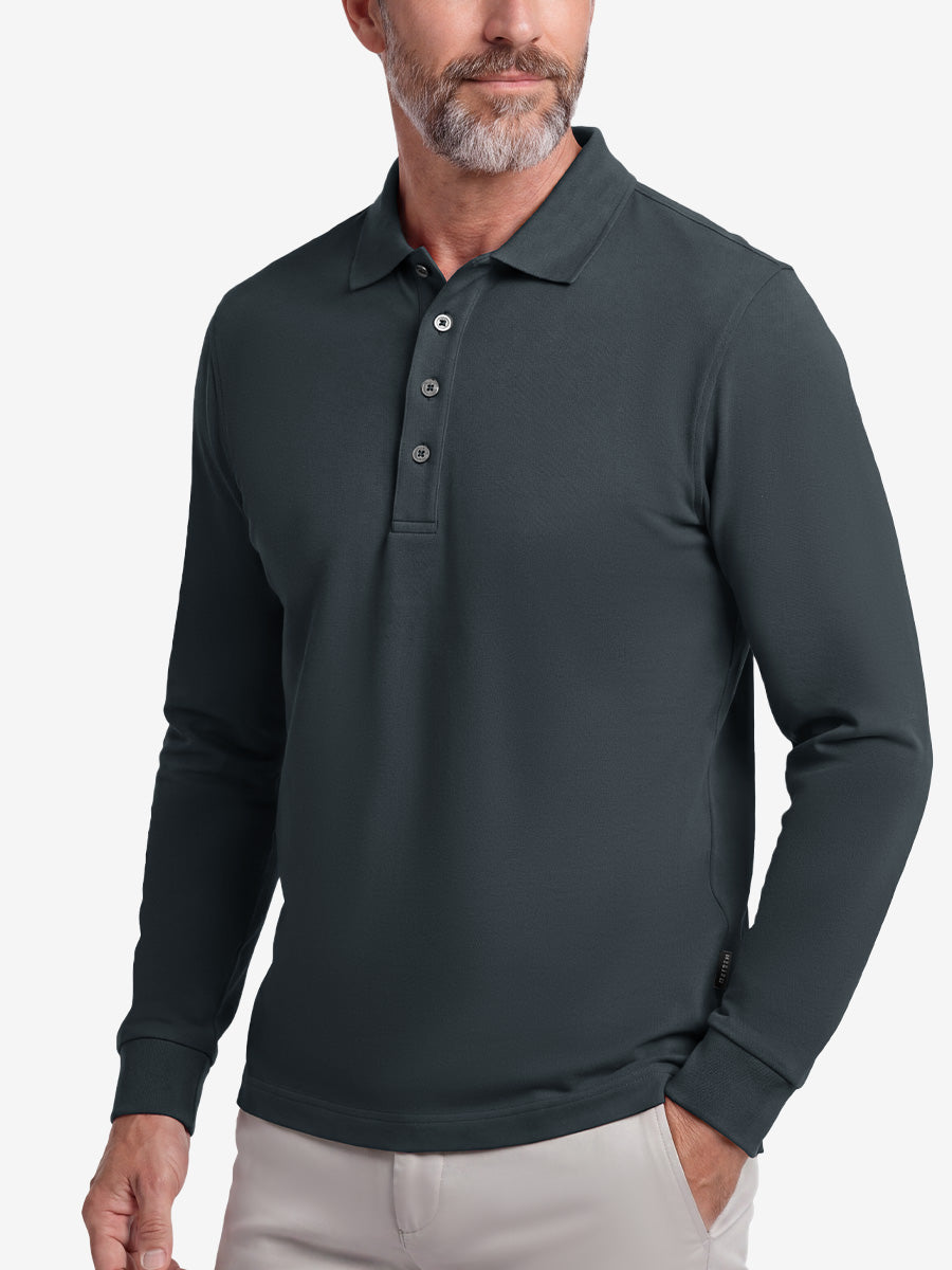 Men's Stretch Cotton Piqué Long Sleeve Polo Shirt – No-Curl Collar, Four-Button Placket, Quick-Dry