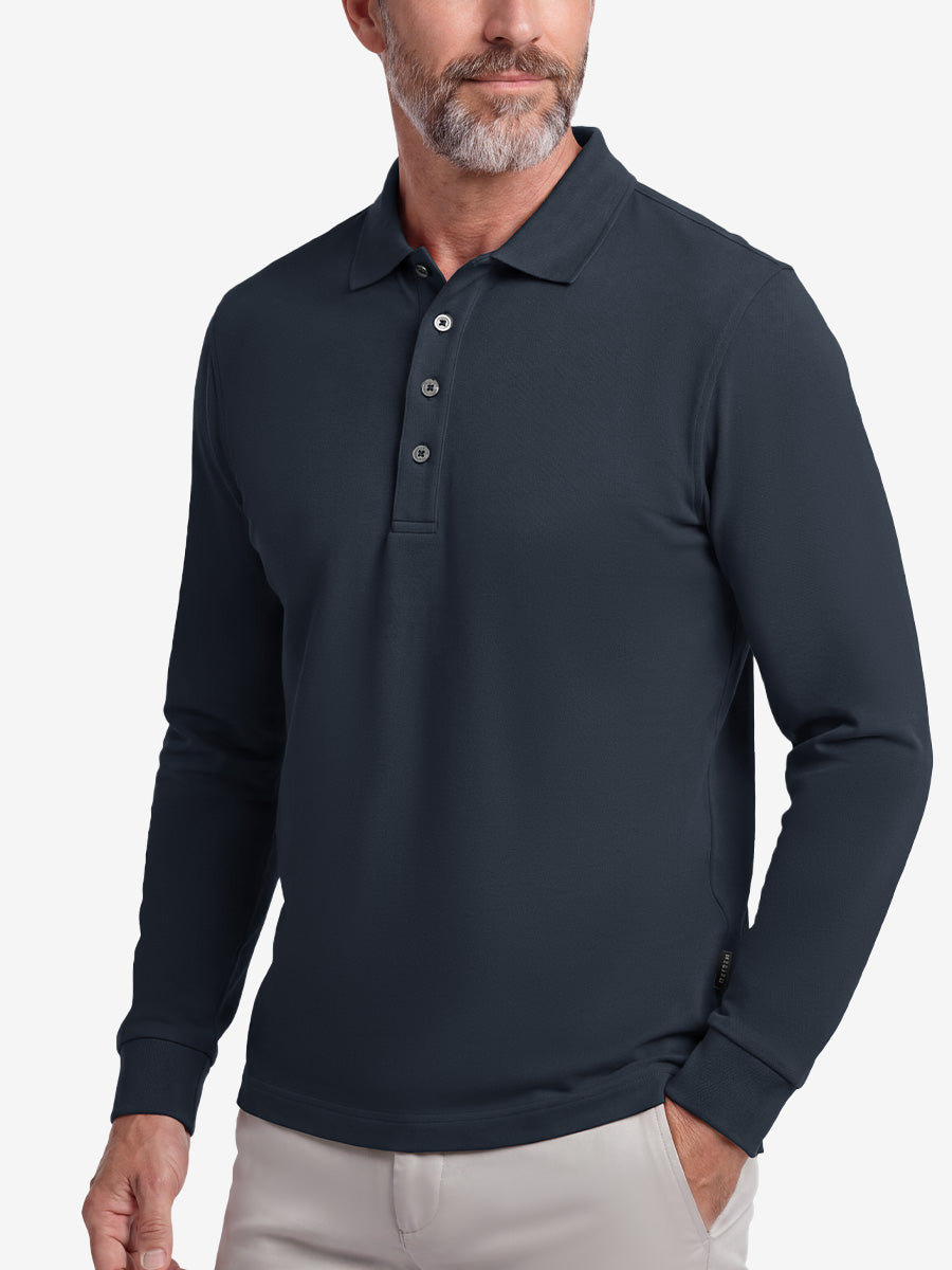 Men's Stretch Cotton Piqué Long Sleeve Polo Shirt – No-Curl Collar, Four-Button Placket, Quick-Dry