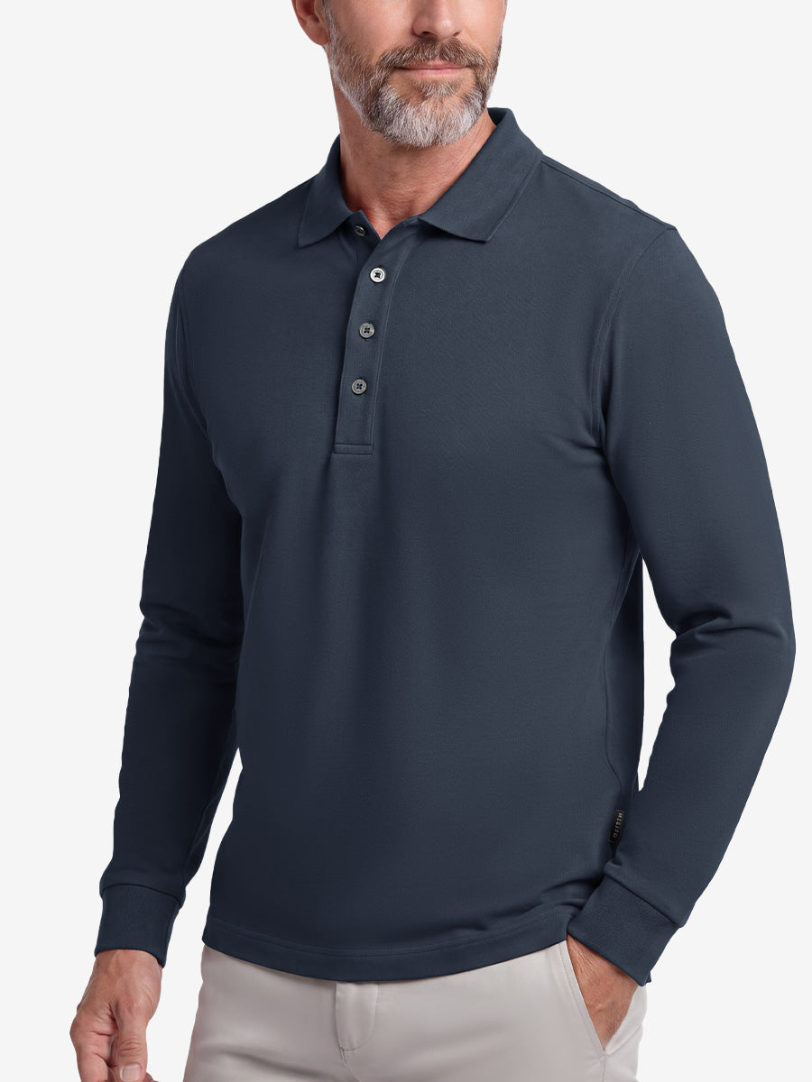 Men's Stretch Cotton Piqué Long Sleeve Polo Shirt – No-Curl Collar, Four-Button Placket, Quick-Dry