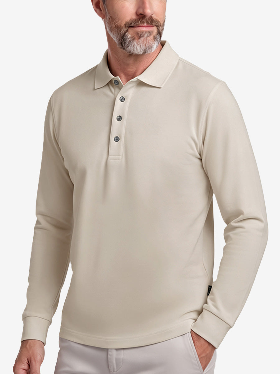 Men's Stretch Cotton Piqué Long Sleeve Polo Shirt – No-Curl Collar, Four-Button Placket, Quick-Dry