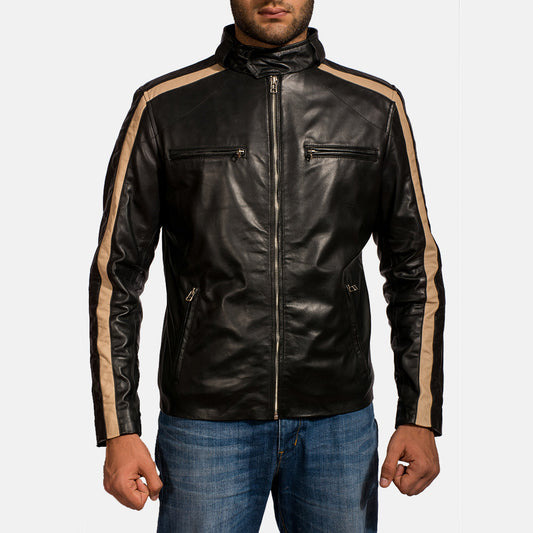 Jack Men's Sheepskin Leather Biker Jacket – Cream Contrast Stripes, Snap Band Collar, Four Pockets | Black