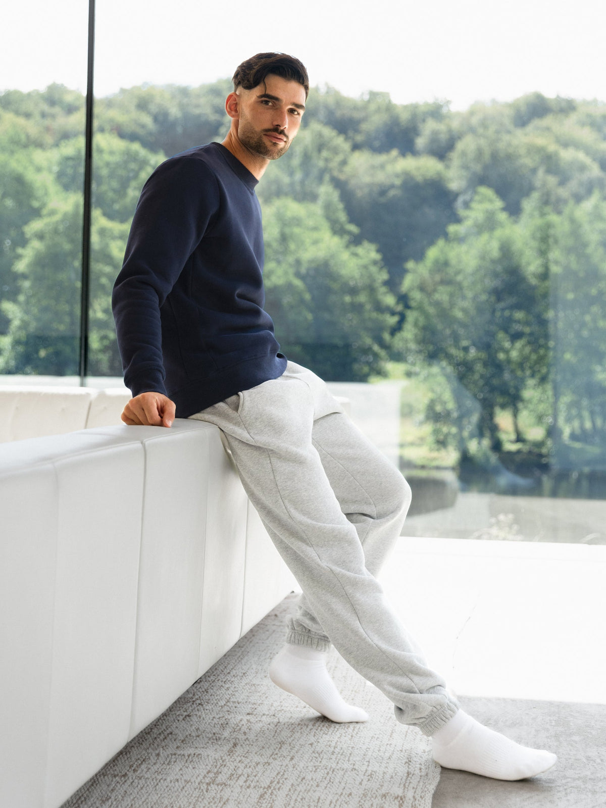 Men's Cotton Blend Crew Neck Jumper in True Navy – view 4