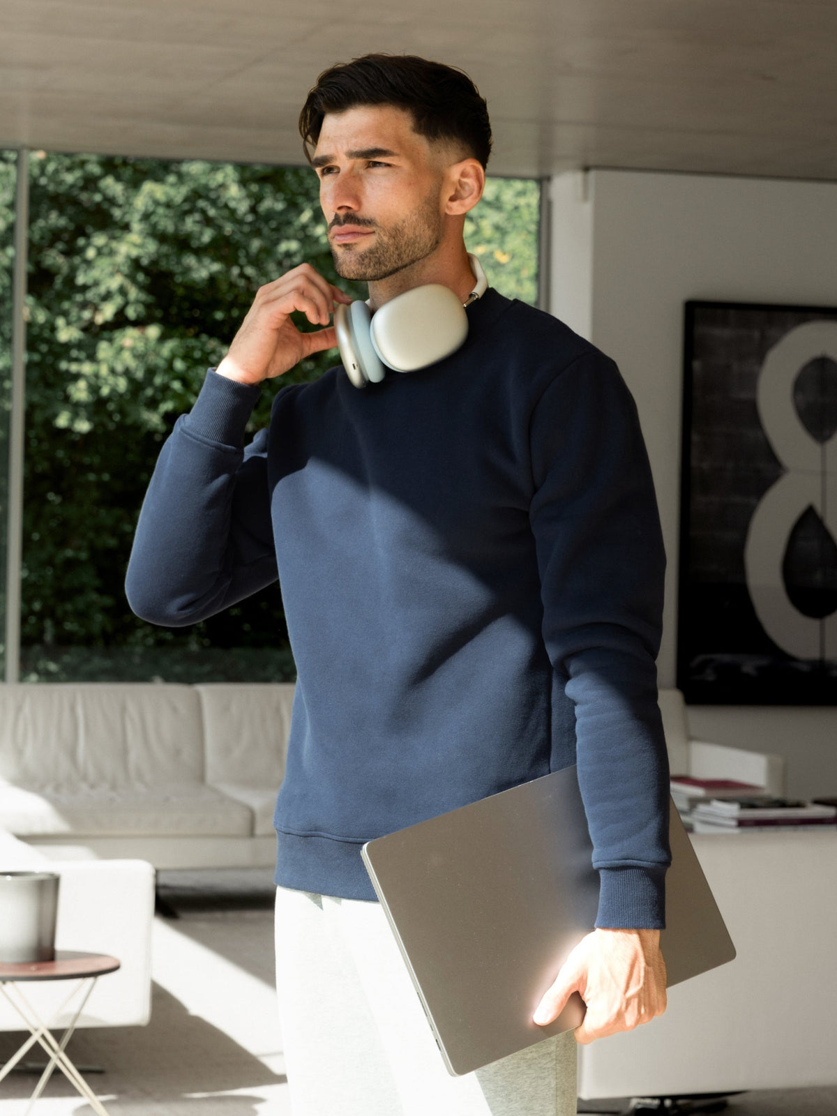 Men's Cotton Blend Crew Neck Jumper in True Navy – view 2