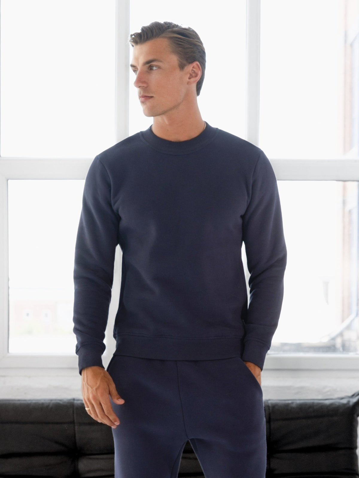 Men's Cotton Blend Crew Neck Jumper in True Navy – view 1