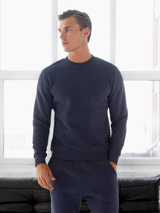 Men's Cotton Blend Crew Neck Jumper in True Navy – view 1