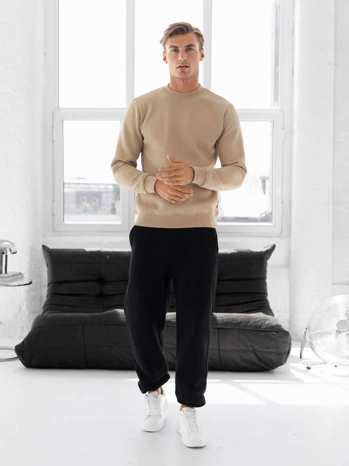 Men's Cotton Blend Crew Neck Jumper in Light Tan – view 3