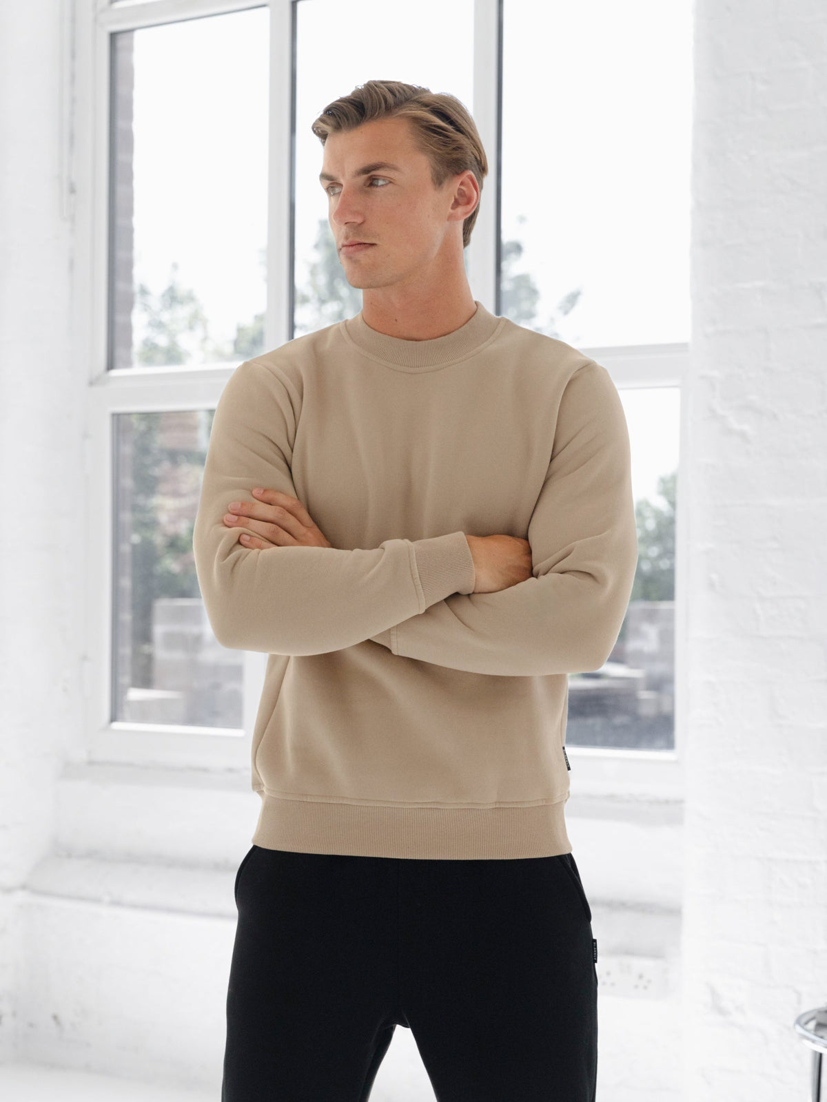 Men's Cotton Blend Crew Neck Jumper in Light Tan – view 4