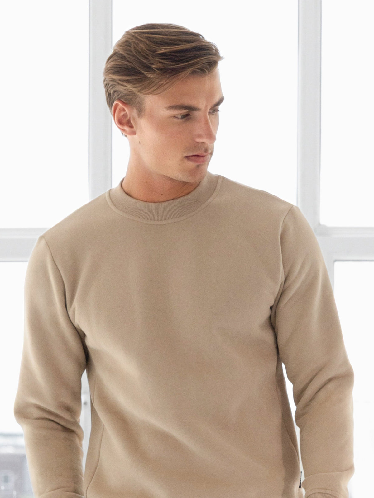 Men's Cotton Blend Crew Neck Jumper in Light Tan – view 2