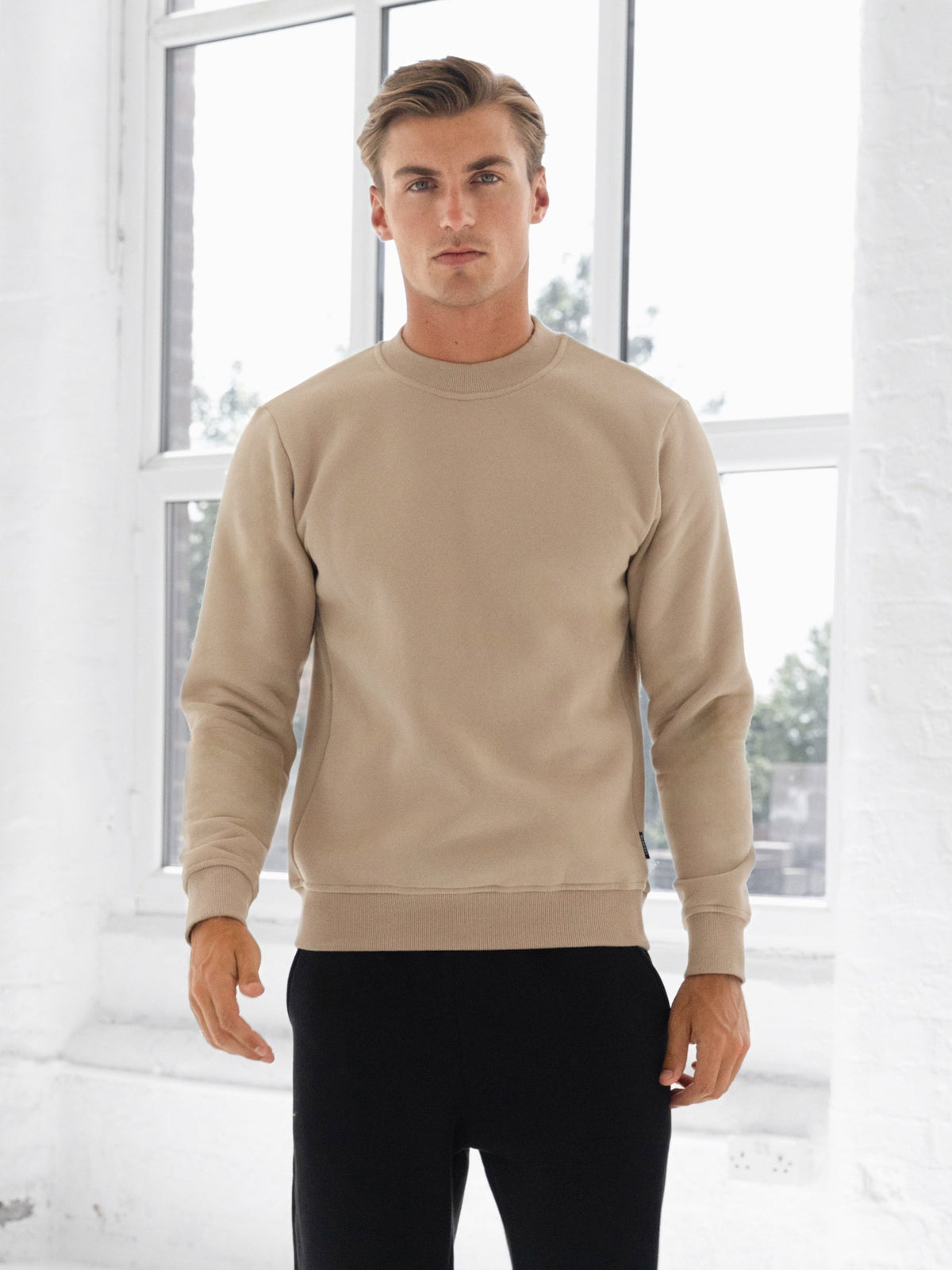 Men's Cotton Blend Crew Neck Jumper in Light Tan – view 1