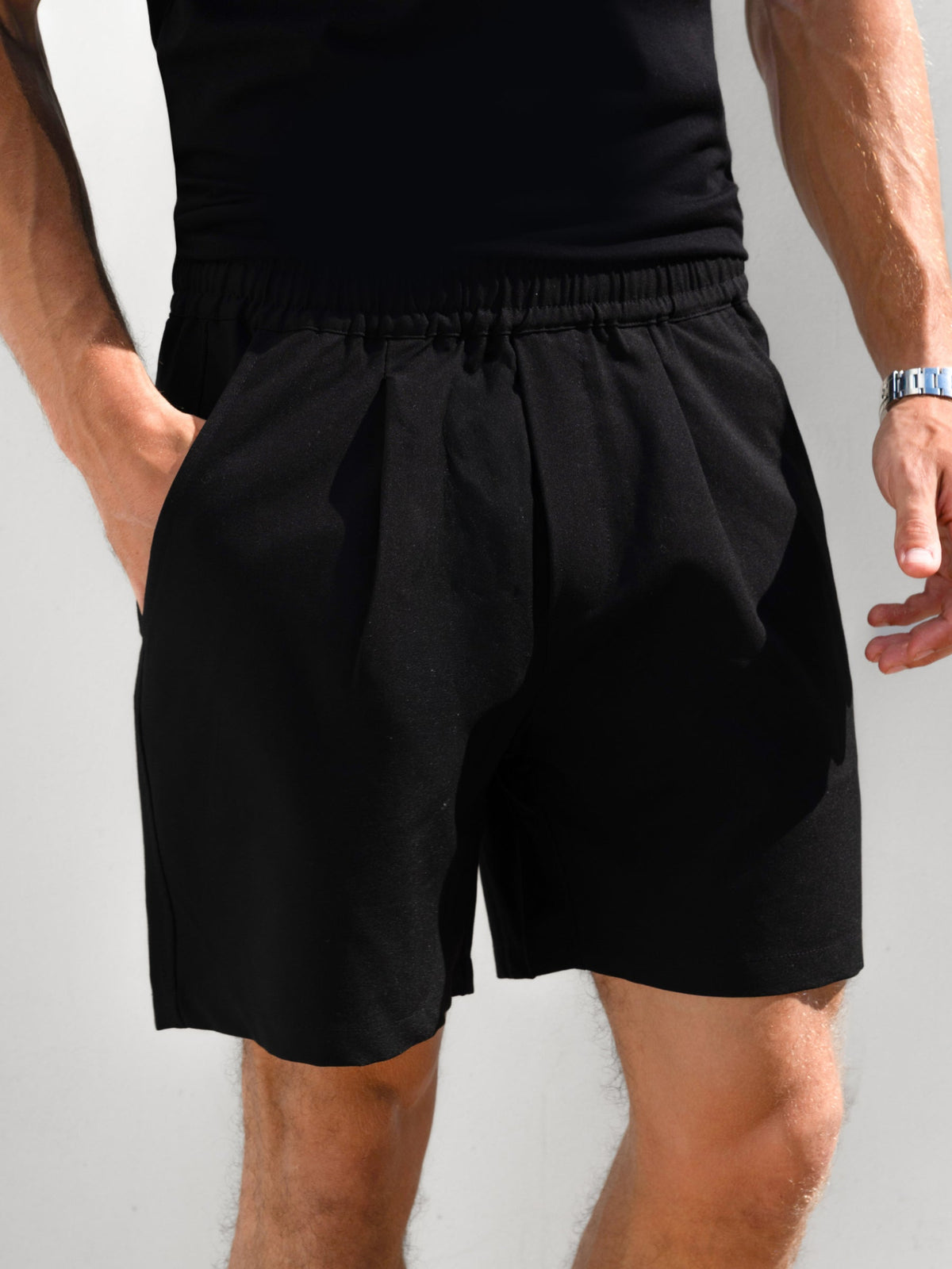 Lucca Men's Pleated Drawstring Shorts in Black – view 3