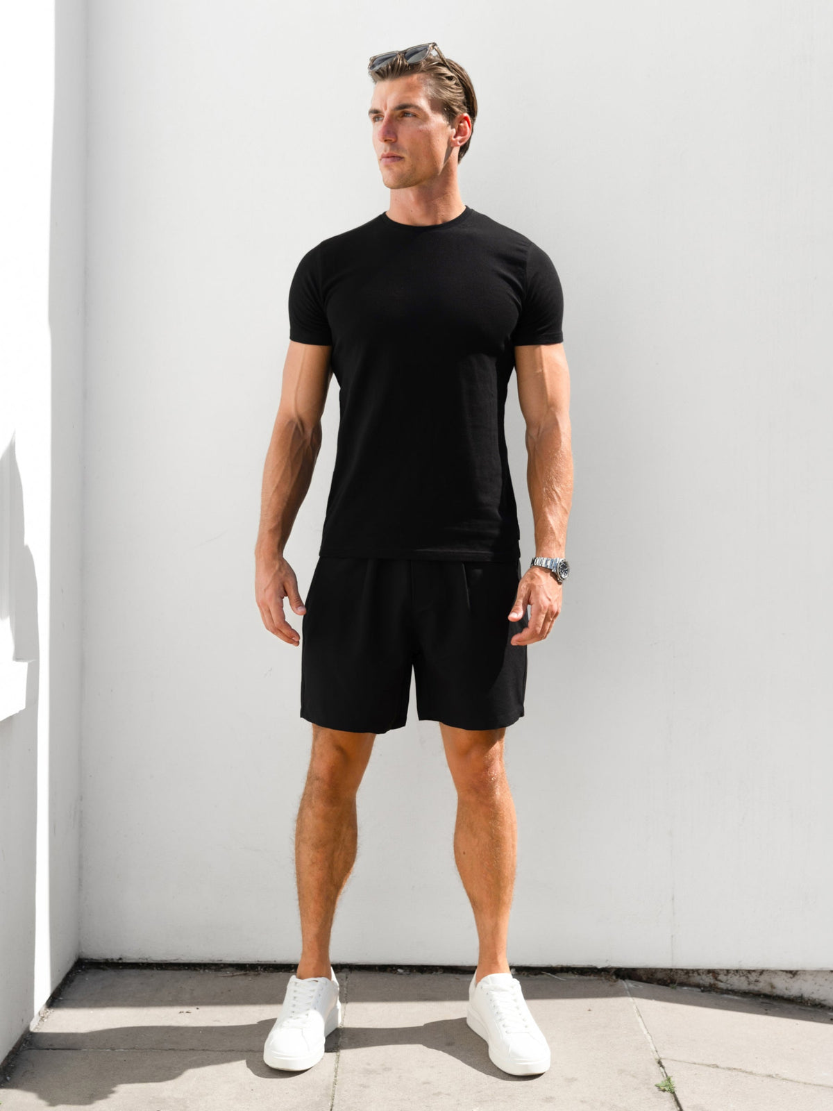 Lucca Men's Pleated Drawstring Shorts in Black – view 2
