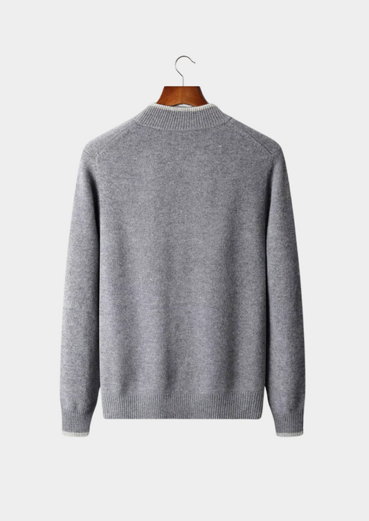 Men's Merino Wool Zip Cardigan – Two-Tone Contrast Trim, Collarless Extra-Fine Knit | Slate Grey