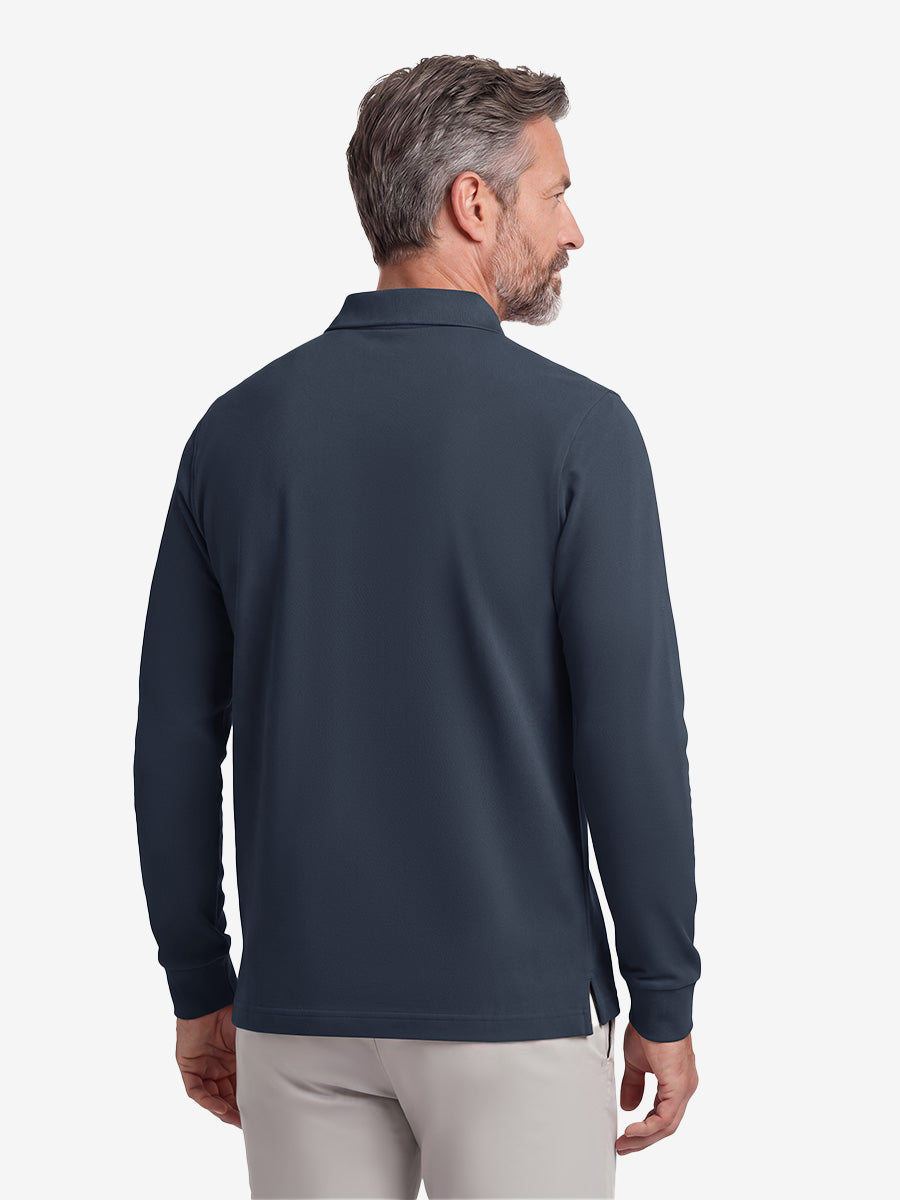 Men's Stretch Cotton Piqué Long Sleeve Polo Shirt – No-Curl Collar, Four-Button Placket, Quick-Dry