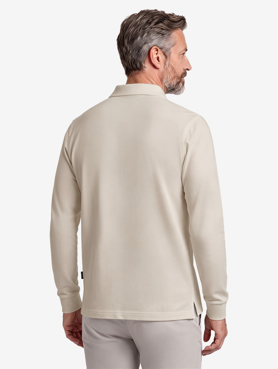 Men's Stretch Cotton Piqué Long Sleeve Polo Shirt – No-Curl Collar, Four-Button Placket, Quick-Dry