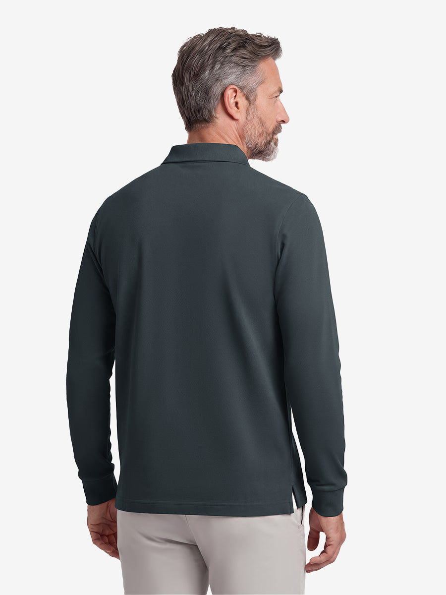 Men's Stretch Cotton Piqué Long Sleeve Polo Shirt – No-Curl Collar, Four-Button Placket, Quick-Dry