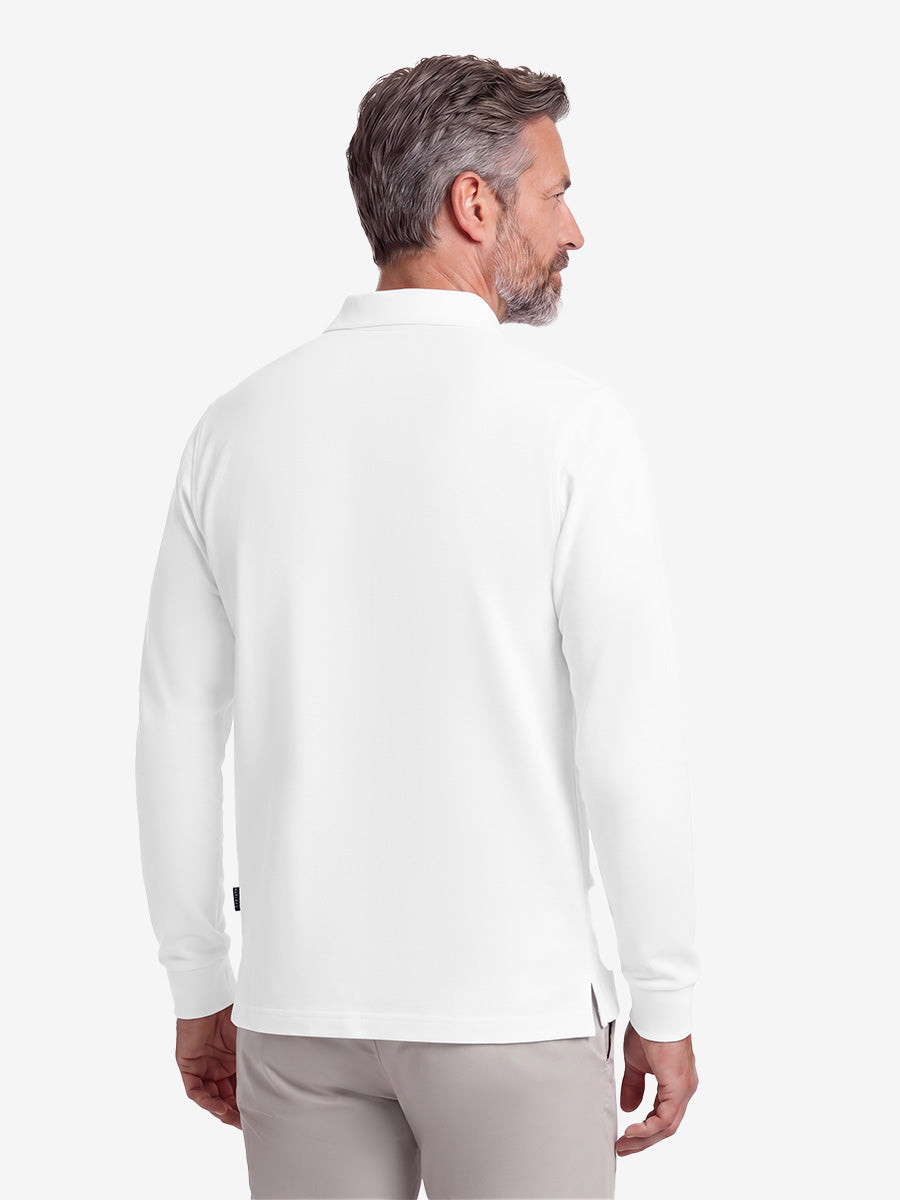 Men's Stretch Cotton Piqué Long Sleeve Polo Shirt – No-Curl Collar, Four-Button Placket, Quick-Dry