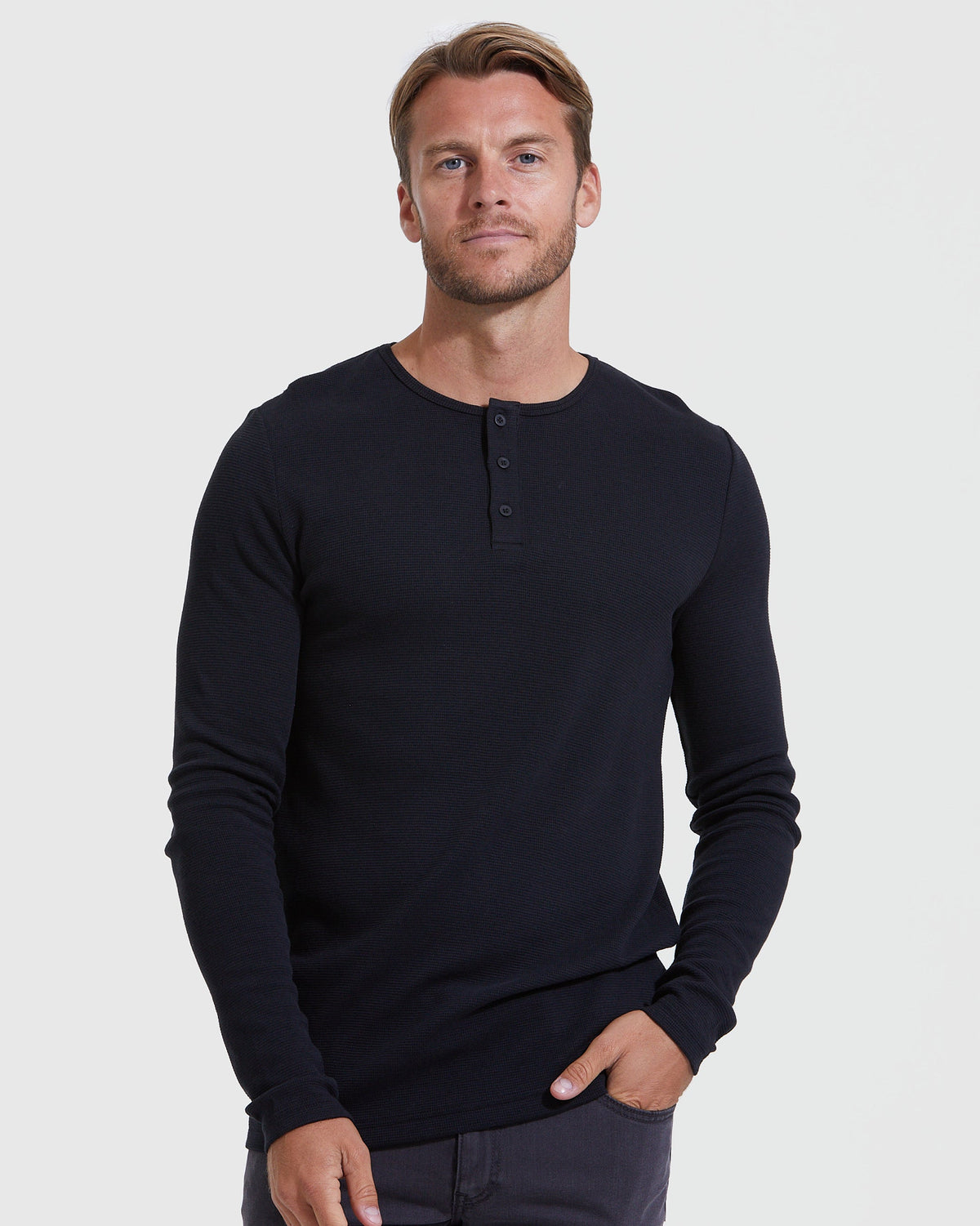 Men's Waffle Knit Long Sleeve Henley 3-Pack – Modal Blend, 3-Button Placket | Black, Navy & White – view 2