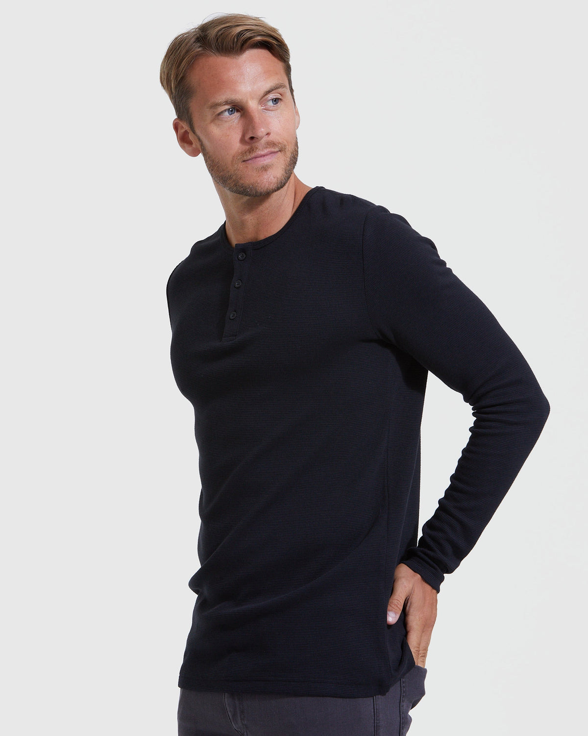 Men's Waffle Knit Long Sleeve Henley 3-Pack – Modal Blend, 3-Button Placket | Black