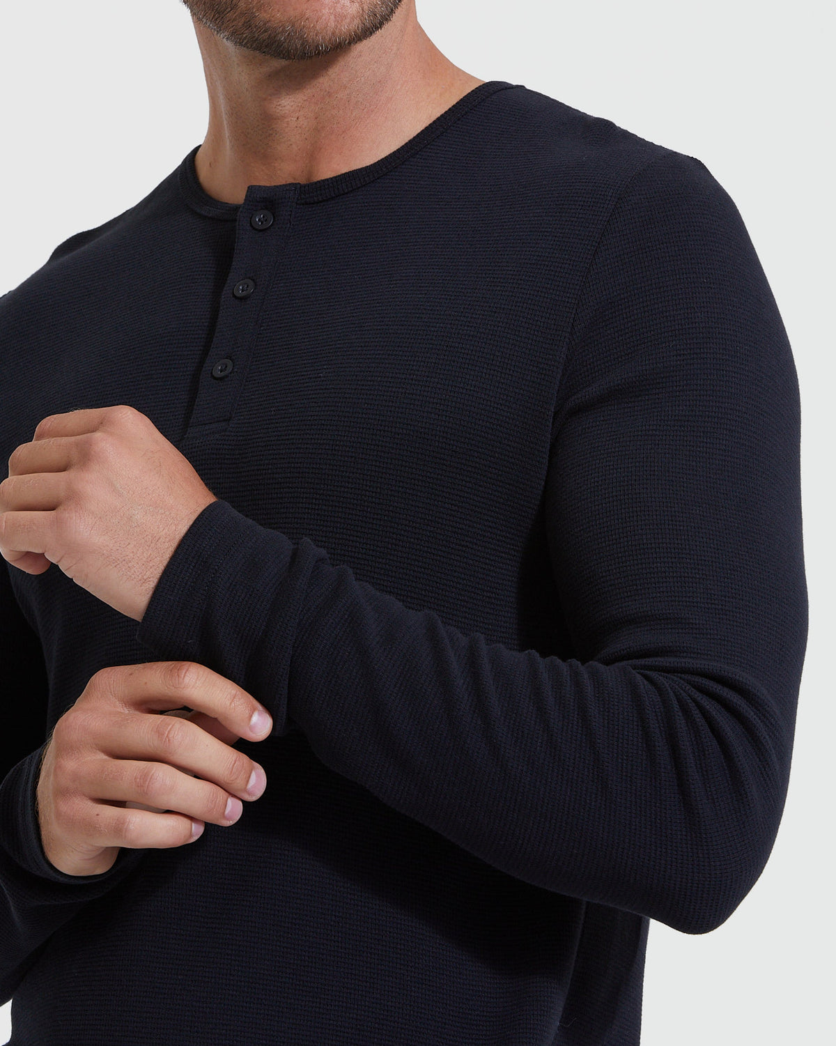 Men's Waffle Knit Long Sleeve Henley 3-Pack – Modal Blend, 3-Button Placket | Black