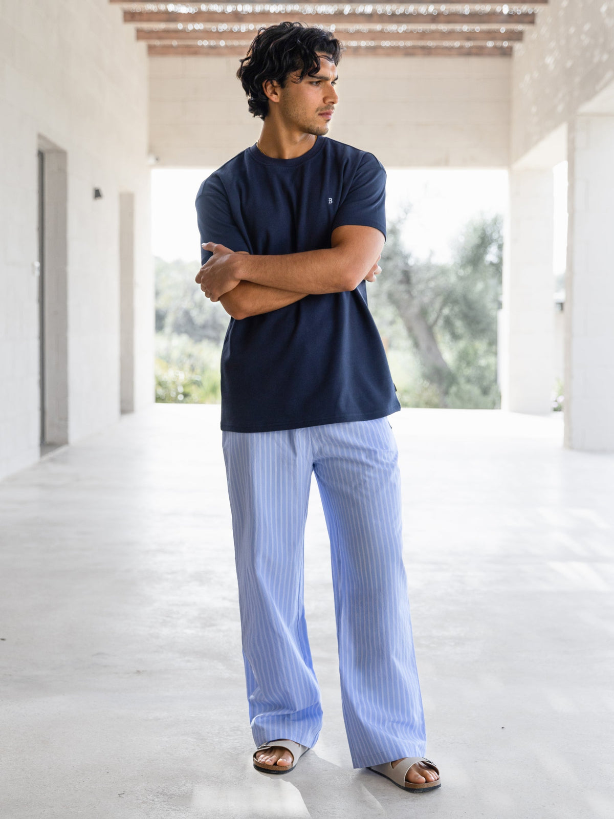 Jonah Men's Relaxed Stripe Cotton Trousers in Blue – view 3