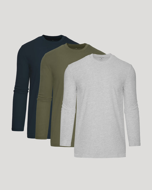 Men's Tall Long Sleeve Crew T-Shirt 3-Pack – Lightweight Cotton Blend | Navy, Military Green & Heather Grey