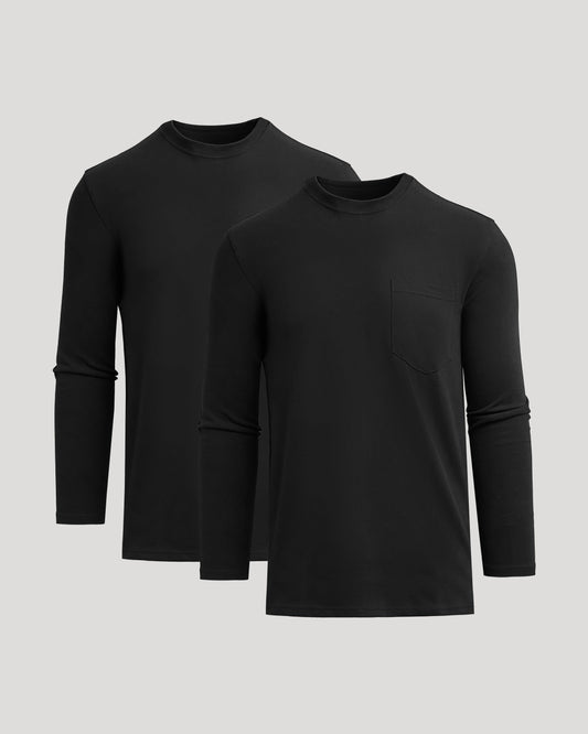 Men's Tall Heavyweight Long Sleeve Pocket Tee 2-Pack – Extra Length, Cotton Blend | Black