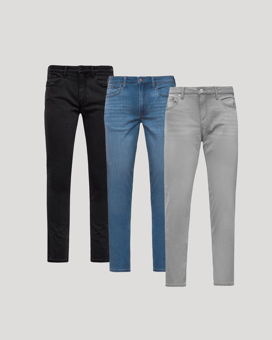 Men's Slim Stretch Jeans 3-Pack – Four-Way Stretch, Tapered Leg | Medium Grey Wash, Grey Wash & Medium Indigo Wash