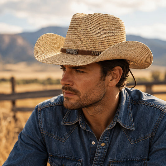 Men's Straw Cowboy Hat – Natural Straw, 7 cm Brim with Western Band, Lightweight and Breathable