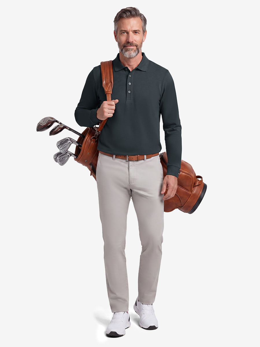 Men's Stretch Cotton Piqué Long Sleeve Polo Shirt – No-Curl Collar, Four-Button Placket, Quick-Dry – view 35