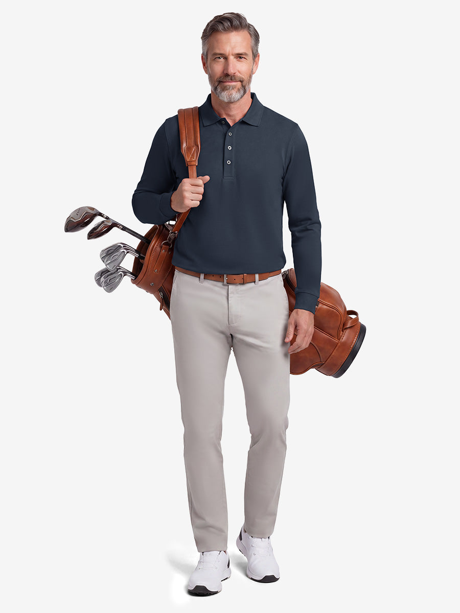 Men's Stretch Cotton Piqué Long Sleeve Polo Shirt – No-Curl Collar, Four-Button Placket, Quick-Dry – view 10