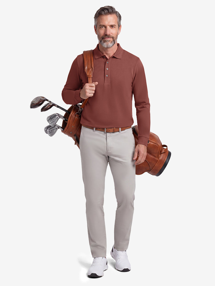 Men's Stretch Cotton Piqué Long Sleeve Polo Shirt – No-Curl Collar, Four-Button Placket, Quick-Dry