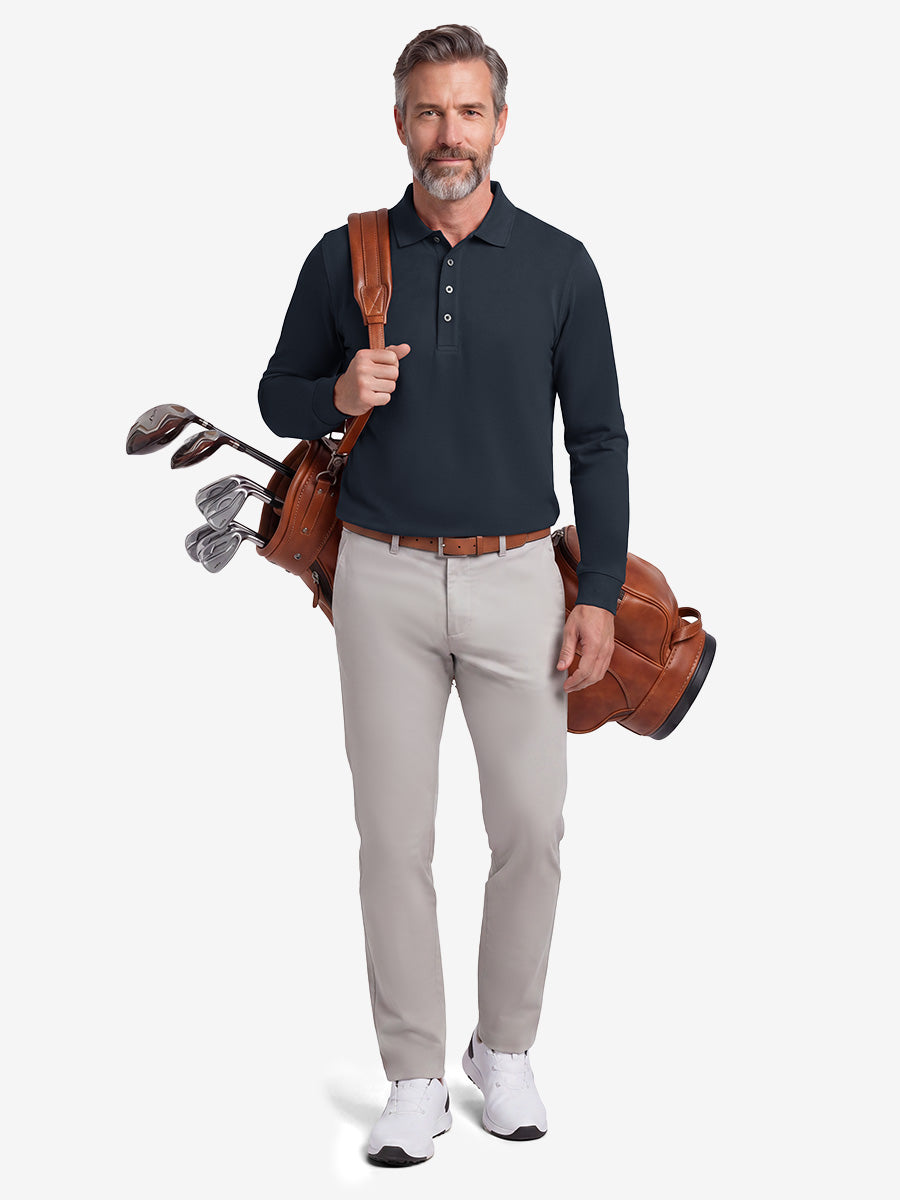 Men's Stretch Cotton Piqué Long Sleeve Polo Shirt – No-Curl Collar, Four-Button Placket, Quick-Dry – view 30