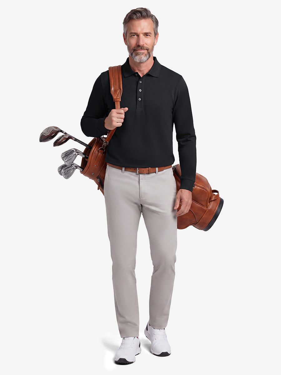Men's Stretch Cotton Piqué Long Sleeve Polo Shirt – No-Curl Collar, Four-Button Placket, Quick-Dry – view 15