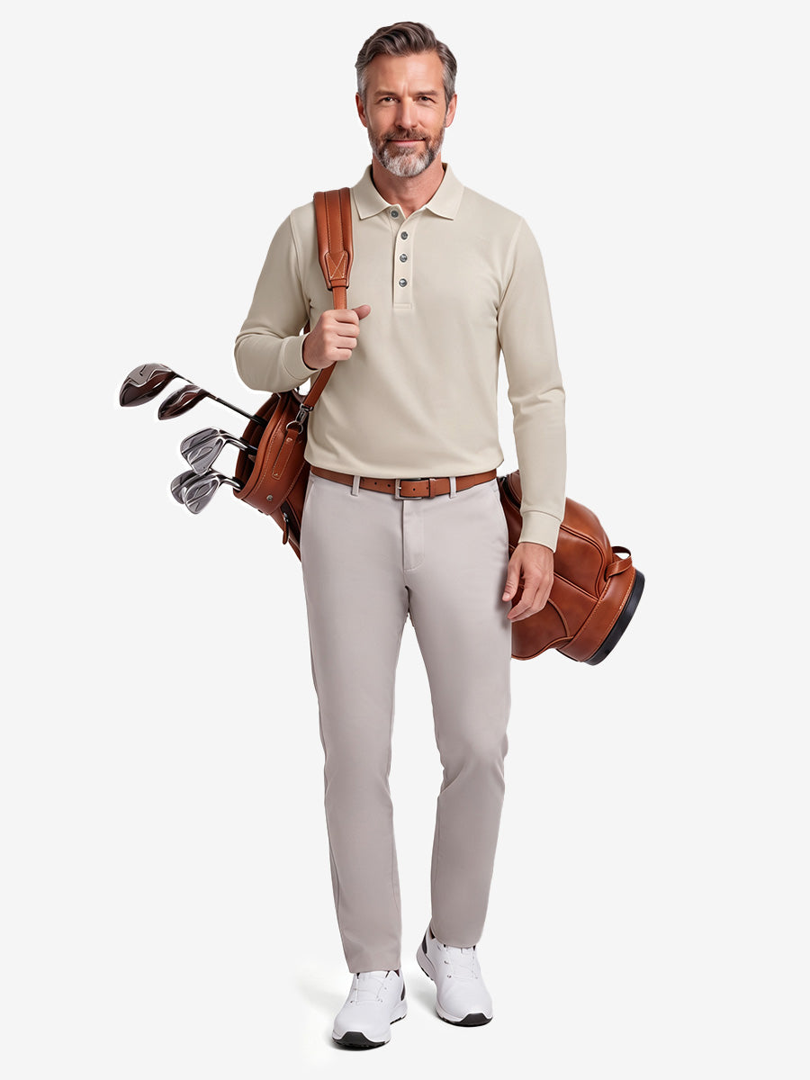 Men's Stretch Cotton Piqué Long Sleeve Polo Shirt – No-Curl Collar, Four-Button Placket, Quick-Dry