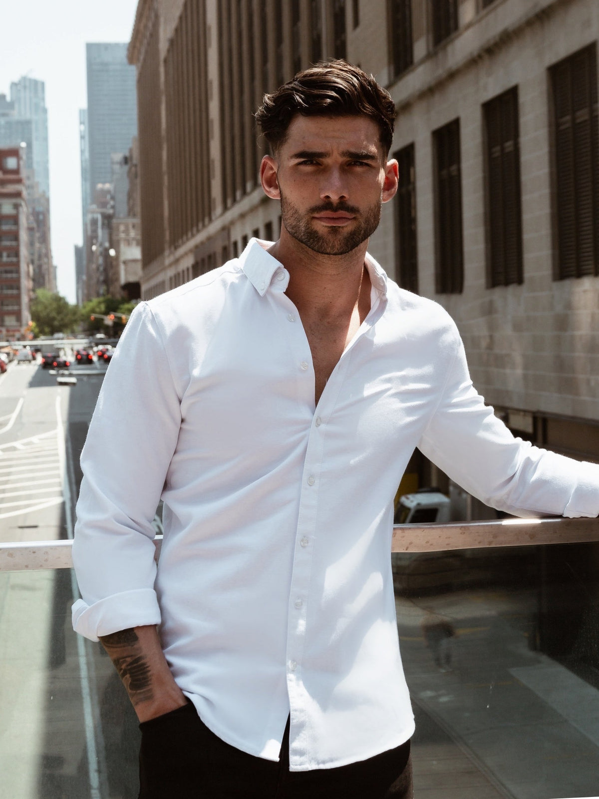 Caspian Men's Long Sleeve Muscle Fit Shirt in White – view 3