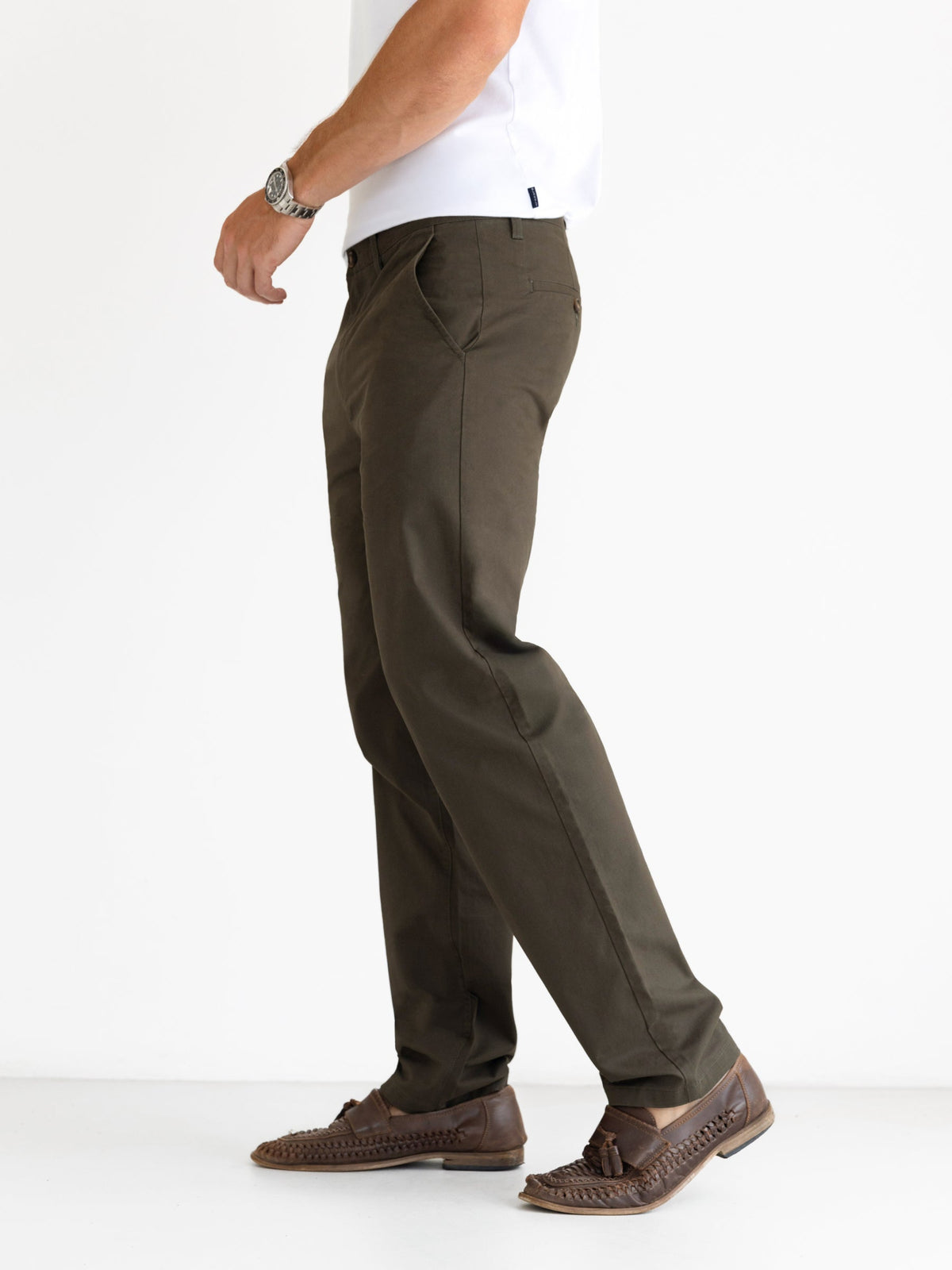 Men's Relaxed Wide-Leg Stretch Cotton Chinos – Soft Cotton Blend, Belt Loops, Side and Back Pockets | Khaki