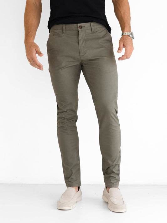 Men's Stretch Cotton Slim Fit Chinos in Safari Green – view 1