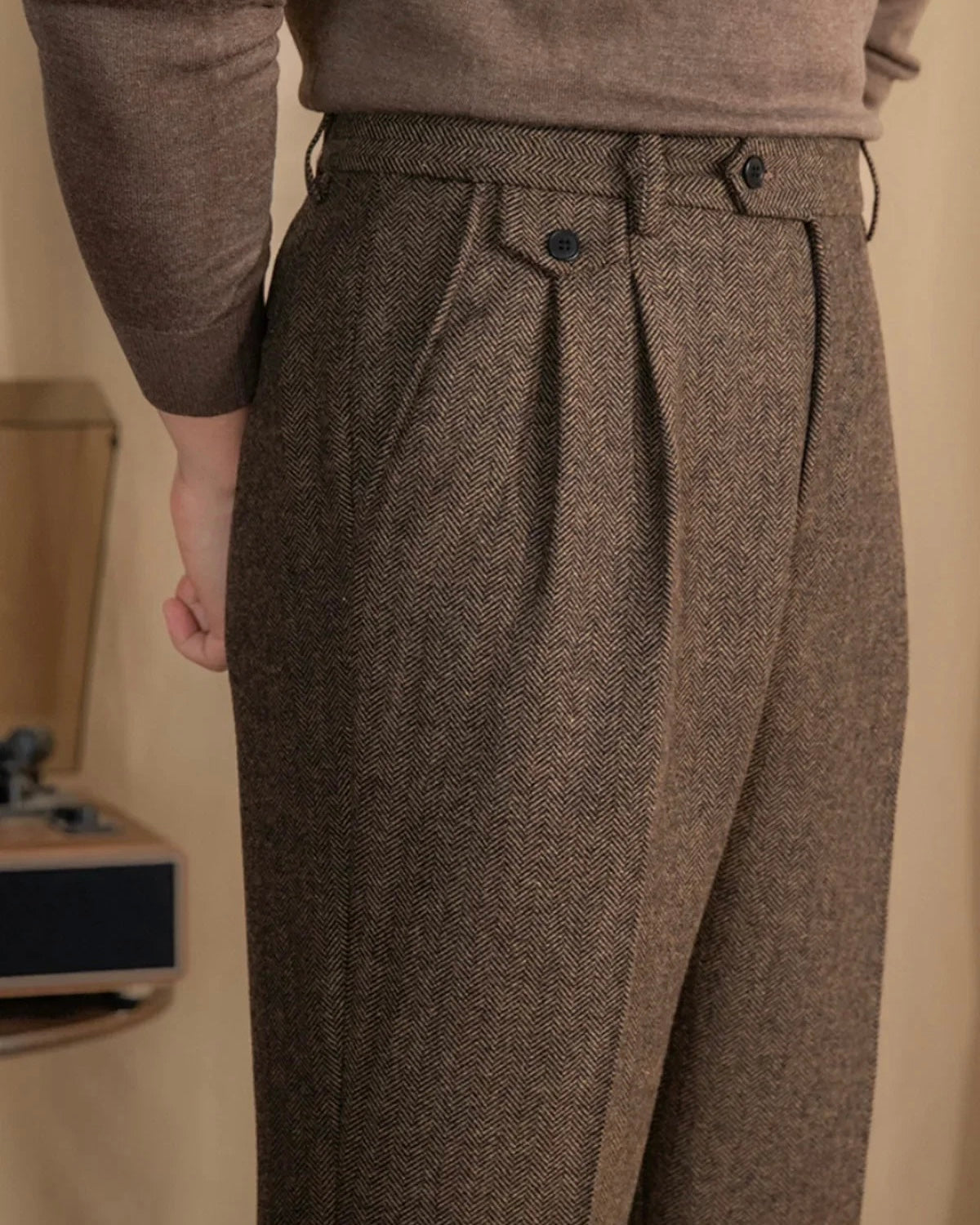Mayfair Men's Herringbone Wool Trousers – High Waist, Pleated Front with Buttoned Side Adjusters
