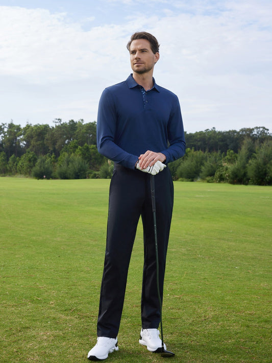 Men's Long Sleeve Solid Jersey Golf Polo – Quick-Dry Four-Way Stretch, Contrast Collar Print