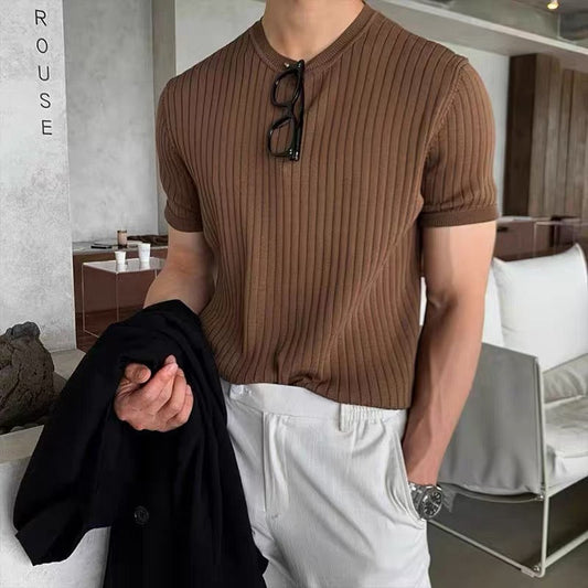 Suncheon Men's Pleated Stretch T-Shirt – Textured Pleat Fabric, Crew Neck, Tailored Slim Silhouette