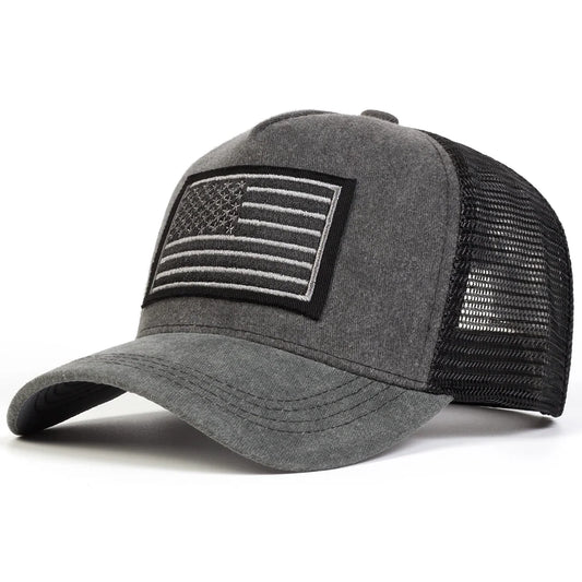 American Flag Men's Summer Trucker Baseball Cap – Flag Patch Front, Cotton and Acrylic Mesh, Adjustable Fit