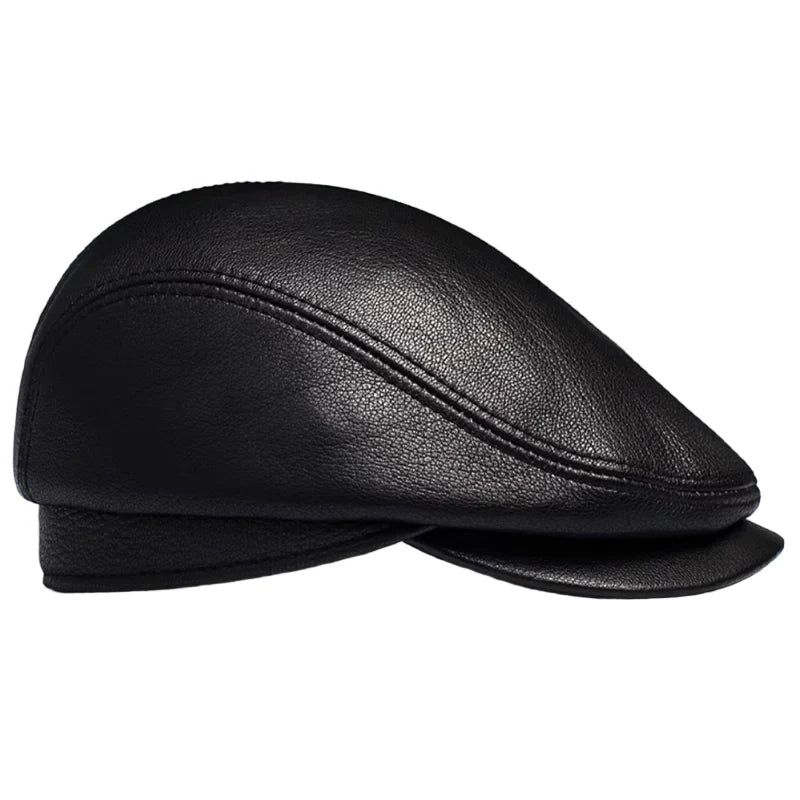 Atlanta Men's Genuine Leather Flat Cap with Earflaps in Black – view 2